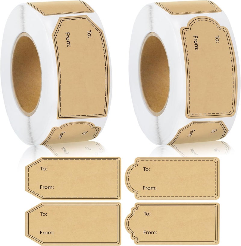 AuraRay 600 Pcs Gift Tag Stickers, 4 Styles Natural Kraft to and from Gift Tag Stickers 1.18"X2.36" Self Adhesive Christmas Labels Holiday Present Labels, 300 Pcs/Roll - Image 1